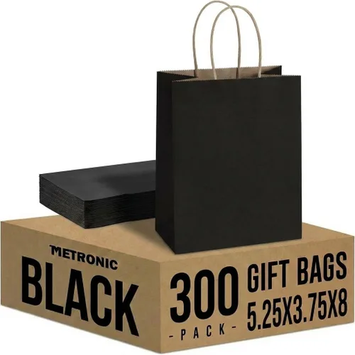 Vista 18 de METRONIC Bolsas de regalo de papel negro de 8 x 4.25 x 10.5 pulgadas, paquete de 100 bolsas de compras medianas de papel kraft con asas