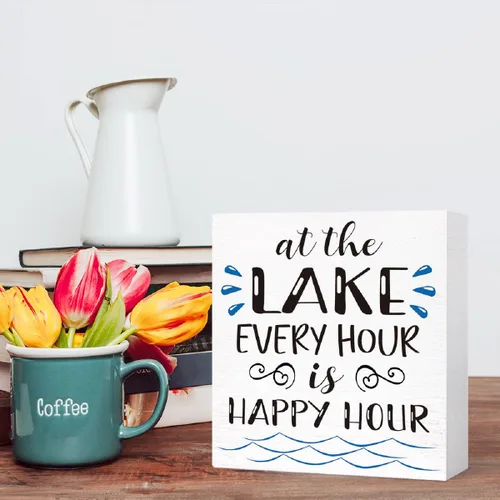 Vista 5 de Letrero de madera con texto en inglés "Lake Every Hour is Happy Hour", decoración de escritorio para el hogar, dormitorio, oficina, escritorio