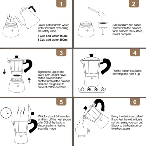 Vista 9 de Cafetera de aluminio con 3 tazas de 150ml (5.1 fl oz) Moka Pot Express, cafetera de café expreso para estufa, colorida cafetera italiana