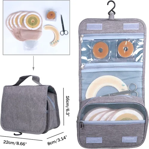 Vista 2 de Ostomy - Bolsa de viaje para colostomía, organizador colgante, bolsa de almacenamiento de accesorios, bolsa para suministros de ostomía (gris)