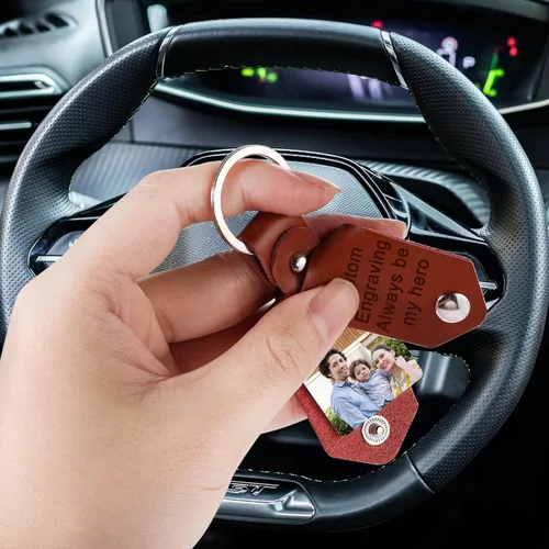 Vista 6 de MeMeDIY Llavero de cuero personalizado, regalos para hombres, novio, papá, esposo, foto personalizada, foto, fecha, nombre, texto, día del padre