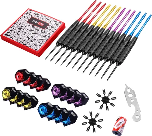 Vista 3 de CyeeLife Juego de dardos con punta de acero de 0.78 oz con ejes de aluminio (4 colores)+16 protectores y vuelos+sacapuntas+herramienta, 12 paquetes