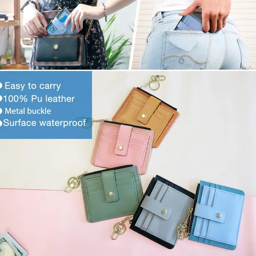 Vista 7 de Deziliao Funda delgada para tarjetas de crédito con bloqueo Rfid para mujer, cartera con cremallera, cartera pequeña y compacta de cuero
