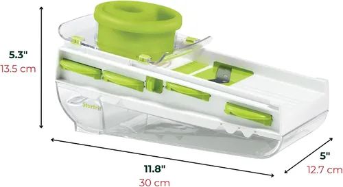Vista 12 de Starfrit Easy Mandoline Slicer, Dicer - 5 cuchillas - Cuchillas rectas y arrugadas, Julienne, rallador y triturador - Empujador de autoalimentación
