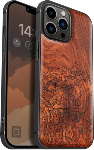 Vista 7 de Carveit Funda magnética de madera para iPhone 13 Pro Max [madera natural y TPU suave negro] Funda protectora de madera única y elegante a prueba