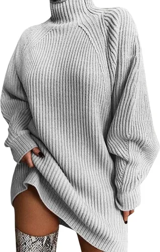 Vista 4 de Zaswen Vestido de punto trenzado para mujer, cuello alto, otoño, invierno, vestido de gran tamaño, casual, manga larga, trajes de moda