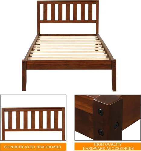 Vista 5 de MERITLINE Base de cama individual, plataforma de madera con cabecero y estribo, no necesita somier, nogal
