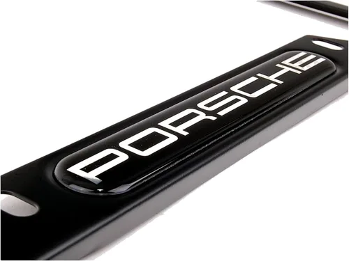 Vista 8 de Porsche Placa de matrícula original OEM de acero inoxidable con marco de acabado negro mate