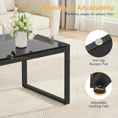 Vista 5 de ONBRILL Mesa de café rectangular con escritorio de vidrio templado, mesa de café para exteriores con marco galvanizado y pies ajustables para patio