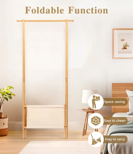 Vista 4 de Perchero de bambú con caja de almacenamiento, perchero portátil extra grande, armario plegable para entrada y habitación de cama (S)