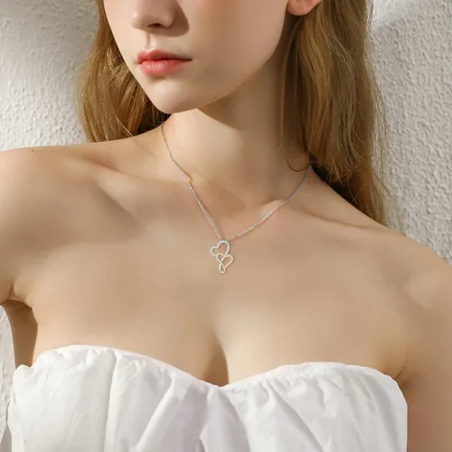 Vista 2 de SISGEM Collar de corazón infinito de oro real de 14 quilates para mujer, collar de infinito de doble corazón de moissanita creada en oro