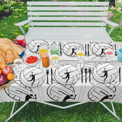 Vista 6 de durony 130 piezas de suministros de fiesta de voleibol, mantel de plástico, platos, tazas, servilletas, cubiertos, voleibol, decoraciones