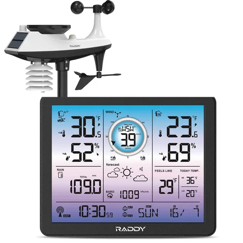 Vista 10 de Estación meteorológica inalámbrica Raddy AG7, reloj atómico con pantalla a color Termómetro higrómetro interior exterior, pronóstico del tiempo