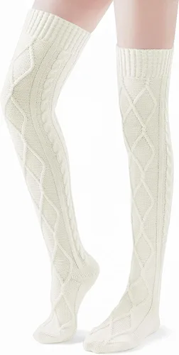 Vista 3 de Pcavin Calcetines altos hasta el muslo para mujer, calcetines de punto trenzado por encima de la rodilla, calentadores de piernas largos y cálidos