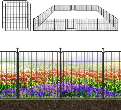 Vista 22 de Valla decorativa de metal negro para jardín con puerta, 4.5 pies de largo x 32 pulgadas de alto, 2 paneles de valla sin excavación, valla de barrera