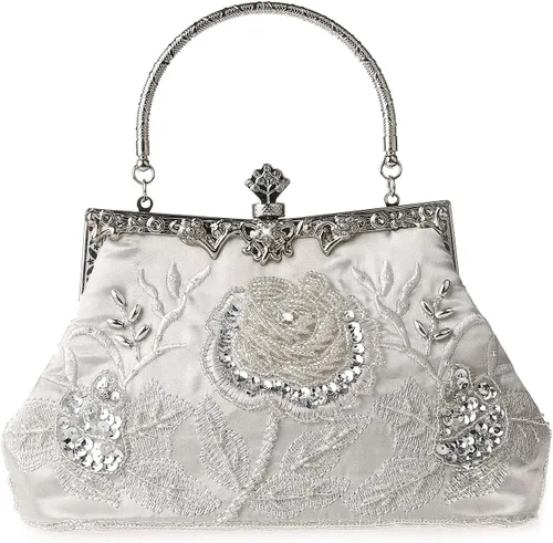 Vista 19 de Bolso de mano de estilo vintage con cuentas florales y strass para mujer, con bordado de lentejuelas, bandolera para novia, boda, fiesta
