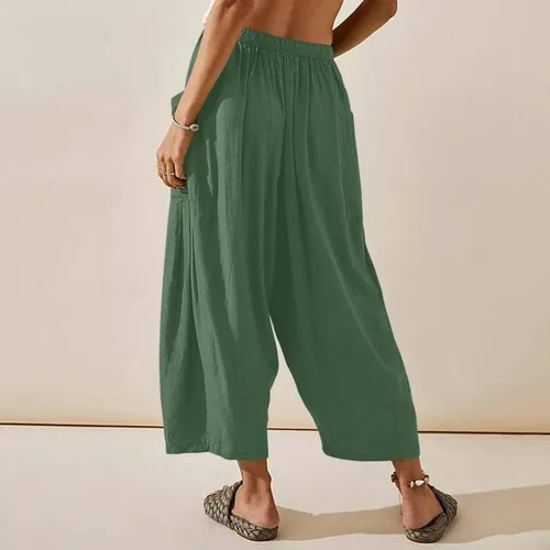 Vista 5 de Quinn - Pantalones de lino para mujer, talla grande, de pierna ancha, con bolsillos, holgados, hippie, harén, bohemios, para playa