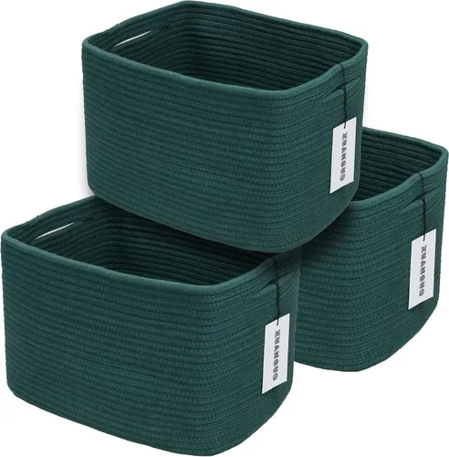 Vista 10 de Cesta de almacenamiento de cuerda de algodón, cesta tejida para organizar estantes, 15 x 10 x 9.3 pulgadas, cestas decorativas rectangulares