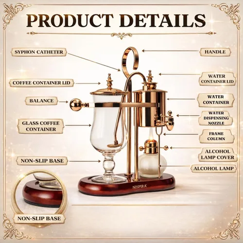Vista 3 de Nispira Belgium Royal Family Balance Syphon - Cafetera vintage con gravedad única, sistema de preparación al vacío, cobre, 16.9 fl oz