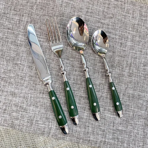 Vista 5 de IKXO - Juego de cubiertos de 20 piezas de cubiertos de mango de madera de goma verde para 4, exquisito juego de cubiertos ergonómicos de acero
