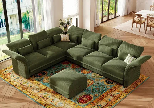 Vista 20 de LLappuil - Sofá seccional en forma de L con almacenamiento, sofás seccionales modulares beige de pana para sala de estar con brazos y respaldos Pana