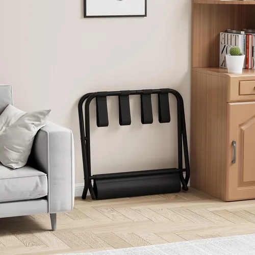 Vista 8 de Smuxee Portaequipajes Negro Paquete de 2, Soporte Plegable para Maletas con Estante de Almacenamiento de Tela, Portamaletas con 4 Correas de Nailon