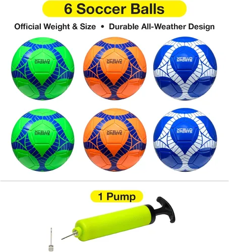 Vista 2 de Xcello Sports Balón de fútbol tamaño 4 gráficos surtidos (naranja, verde, azul marino) con bomba (paquete de 6)