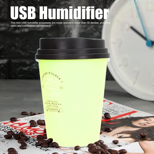Vista 2 de Mini humidificador portátil, 10.1 fl oz, humidificador de automóvil, taza de café, apagado automático de bajo ruido, ligero, ahorro de espacio, Verde