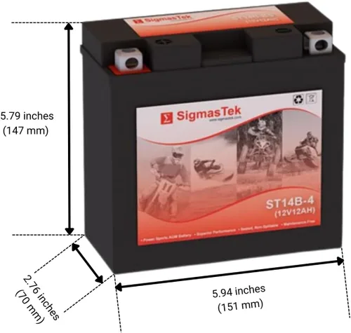 Vista 2 de Batería de motocicleta SLA compatible con GT14B-4 de SigmasTek, ST14B-4 210CCA