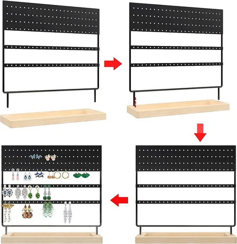 Vista 6 de ZHAOGMQH Soporte organizador de aretes, organizador de joyas para vender, soporte para pendientes de 3 niveles, 144 agujeros con bandeja de madera