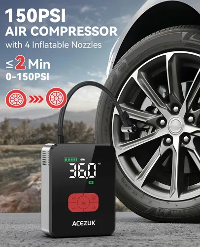 Vista 3 de Arrancador de salto con compresor de aire, 8000A 150PSI arrancador de coche portátil, paquete de arranque de 12 V (todo a gas/12L diesel)