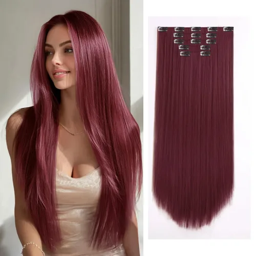 Vista 30 de Extensiones de cabello sintético con clip, color burdeos de 18 pulgadas de largo, invisibles, gruesas, extensiones de cabello lacio con clips, 5