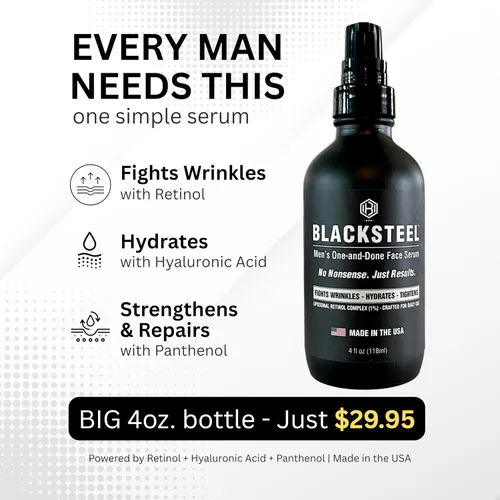Vista 7 de BLACKSTEEL Suero facial antienvejecimiento para hombre con retinol y ácido hialurónico Solución diaria de un solo paso para arrugas, hidratación