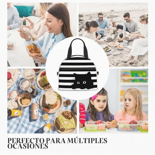 Vista 8 de Perinsto Bolsa de almuerzo a rayas blancas y negras con diseño de gatos, contenedor aislado reutilizable con correa de hombro ajustable, 9 x 5 x 7.8