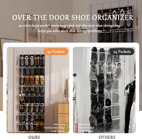 Vista 2 de homyfort Organizador de zapatos sobre la puerta, 40 bolsillos grandes de malla transpirable, estante colgante para zapatos que ahorra espacio