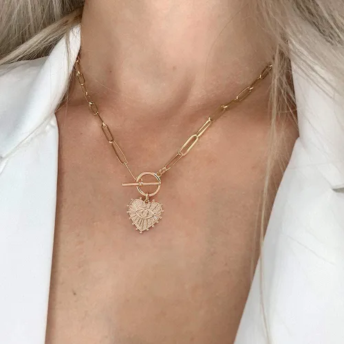 Vista 4 de Candro Collar de ojo turco chapado en oro de 14 quilates para mujer, collar de clip de papel con hebilla OT de moda, collar de corazón