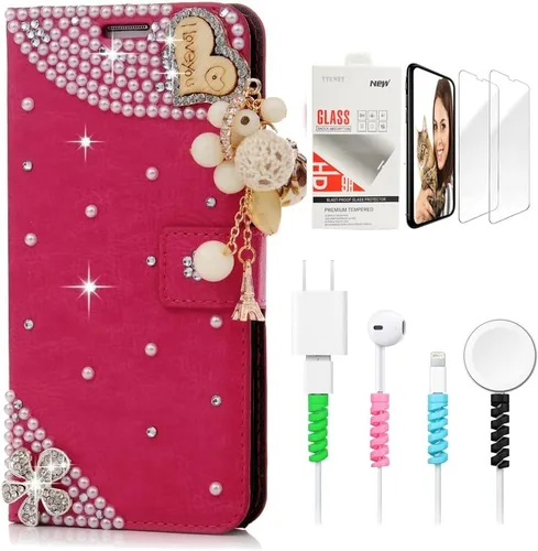 Vista 5 de Bling - Funda de piel con tapa para Samsung Galaxy S21 Ultra con diseño de corona en 3D hecha a mano con protector de pantalla y protector de cable