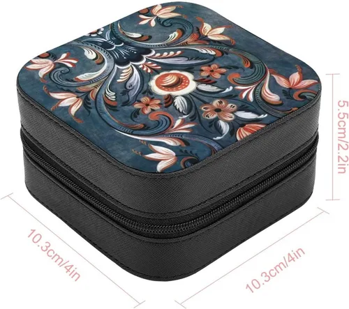 Vista 3 de Caja de joyería de viaje estilo folclórico noruego, caja de piel sintética, organizador de collares, regalo para mujeres y niñas, 4 x 4 x 2.2