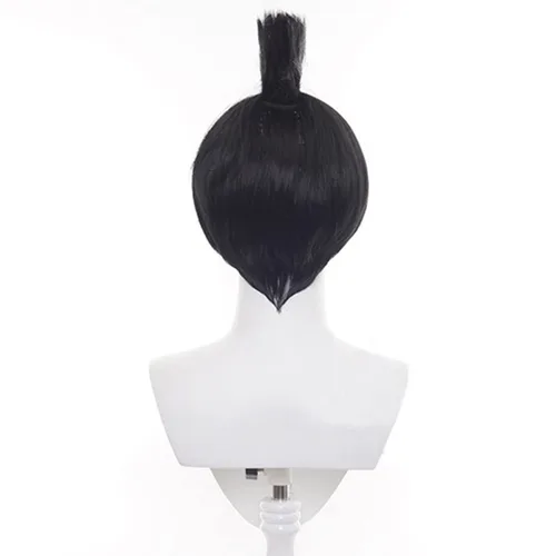 Vista 4 de Lwiuentx Peluca negra de anime Cosplay Hayakawa Aki con cola de caballo para hombres y mujeres, fiesta de Halloween + gorra de peluca gratis
