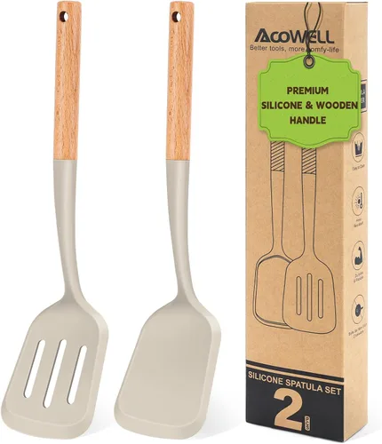 Vista 7 de Juego de 2 espátulas de silicona con elegante mango de madera, resistente al calor, sólido y ranurado para sartenes antiadherentes, grandes Negro