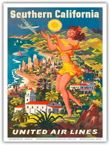 Vista 9 de Southern California - United Air Lines - Vintage Airline Travel Poster by Joseph Fehér c.1950 - Master Art Print (Unframed) 6in x 9in