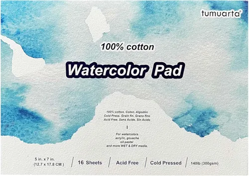 Vista 8 de tumuarta Bloc de papel de acuarela 100% algodón, 5 x 7 pulgadas, 140 libras, 300 GSM, 20 hojas, blanco natural, sin ácidos, prensa en frío, libros
