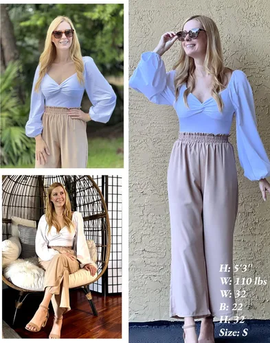 Vista 5 de Zeagoo Enterizo sexy con cuello en V cuadrado para mujer, manga larga abombada, nudo frontal, Blanco