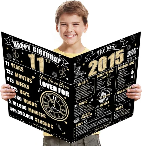 Vista 9 de Turypaty Tarjeta de 10 cumpleaños grande con sobre para niños y niñas, libro de firmas de invitados gigante de feliz 10 cumpleaños en negro y oro