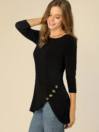Vista 2 de Allegra K Túnica para mujer, ajuste holgado, cuello redondo, manga 34, manga 34