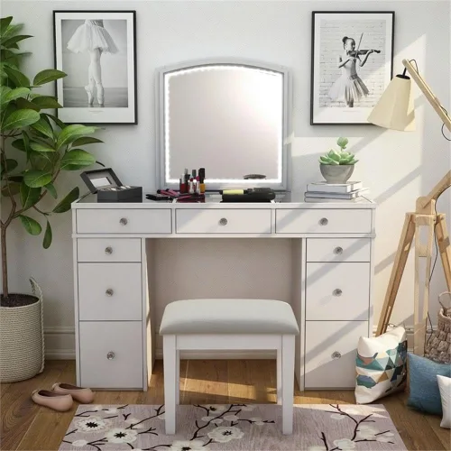 Vista 7 de Furniture of America Galveston - Juego de tocador de madera maciza de 3 piezas, color blanco
