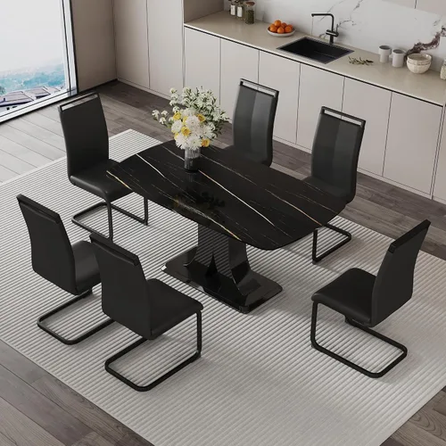 Vista 12 de Moderno juego de mesa de comedor para 4, mesa de vidrio de 63 pulgadas y base de MDF, mesa de comedor de mármol sintético negro con 4 sillas Mesa