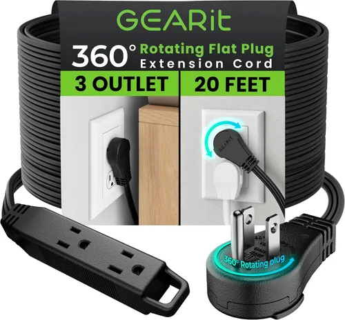 Vista 33 de GEARit Cable de extensión de enchufe plano giratorio de 360° de 3 pies, cable de alimentación de perfil bajo de 3 salidas, ahorro de espacio