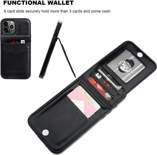Vista 4 de KIHUWEY - Funda tipo cartera para iPhone 12 Pro Max, soporte para tarjetas, color negro Ranuras para tarjetas de crédito, piel sintética, cierre