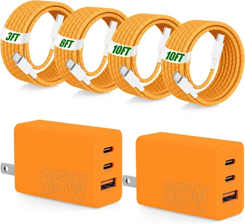 Vista 16 de USB C de carga súper rápida de 65 W para iPhone 17 16 Pro Max, bloque de carga USB C de 3 puertos de 100 W y cable trenzado tipo C de 3/6/6/10 pies